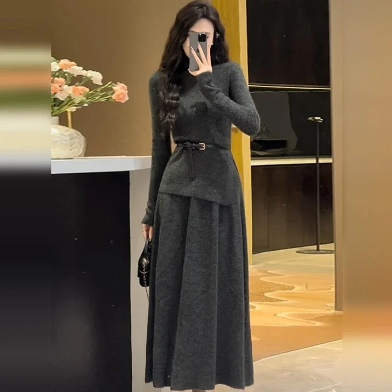 Women Dress Sets Casual Loose Knitted Sweater Two Piece Suits Matching Sets Autumn Pullover Top Elastic High Waist Skirt Sets
