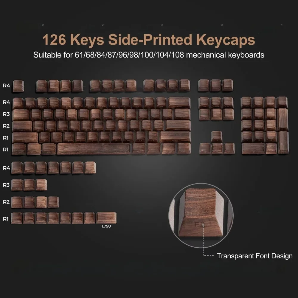 

126 Keys Walnut Wood Grain Sided-word Printed Keycaps For Mechanical Keyboard English Key Caps Cherry PBT