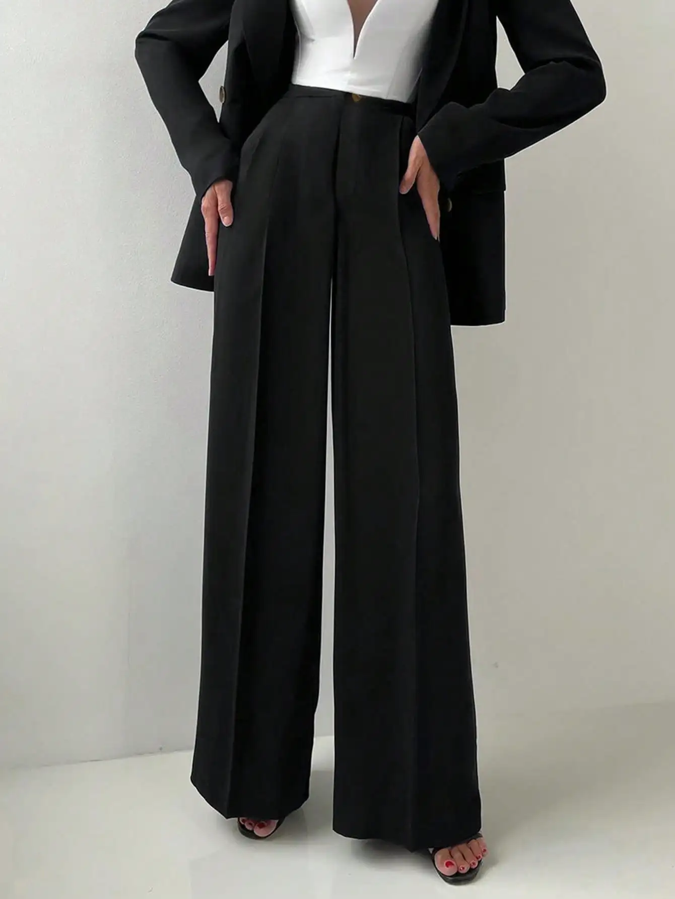 ผู้หญิงสบายๆเอวยางยืดปุ่มกางเกงขาตรงสําหรับการเดินทาง, กางเกงสูทสไตล์หรูหราสําหรับ Office Lady Business