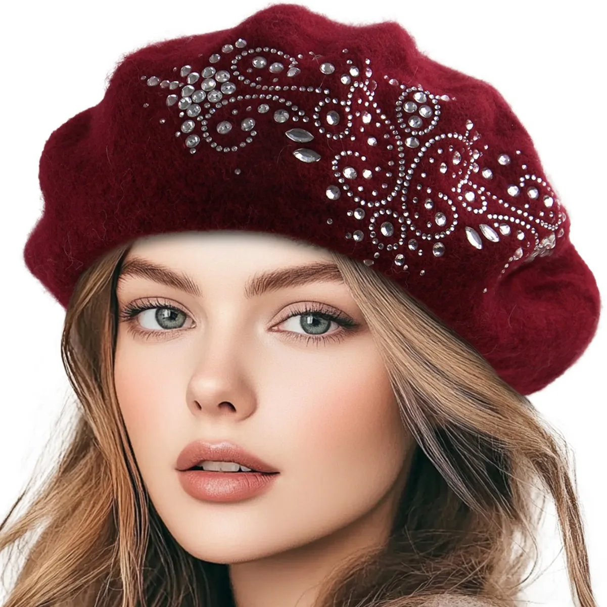 

Autumn/Winter Hats for Women Luxury Diamond Rhinestone Decor Beret female Soft Warm hats Fashion British Beanie for Women