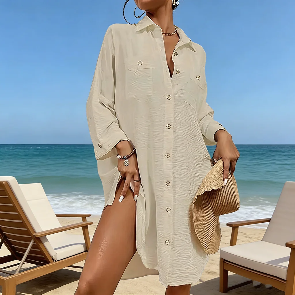 Women's Loose Blouse Dress with Long Sleeves and Button Design. Beach Casual Loose T-Shirt Dress. Summer Vacation Beach Cover-Up