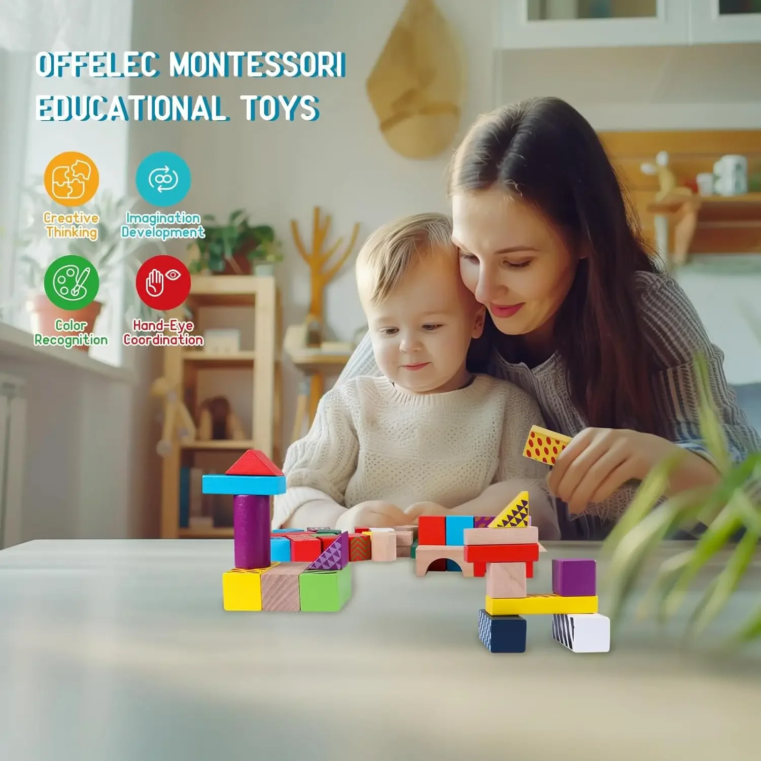 Blocos de construção de madeira para crianças de 1 a 3 anos, brinquedos de classificação e empilhamento de formas montessori, conjunto de blocos de madeira coloridos de 50 peças com armazenamento