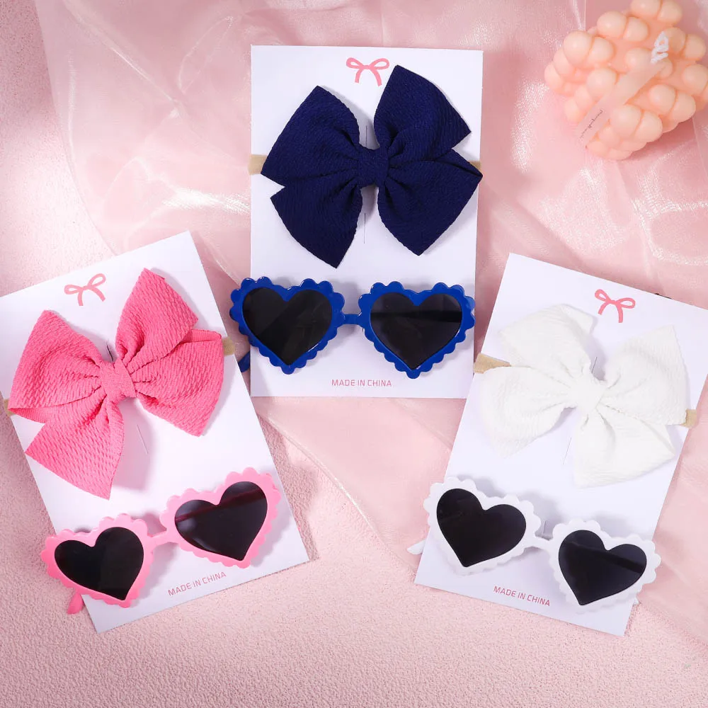 2Pcs/Set Kids Bows Baby Headband Infant Retro Solid Color Ultraviolet-proof Heart Shape Glasses Kids Headwear Hair Accessories