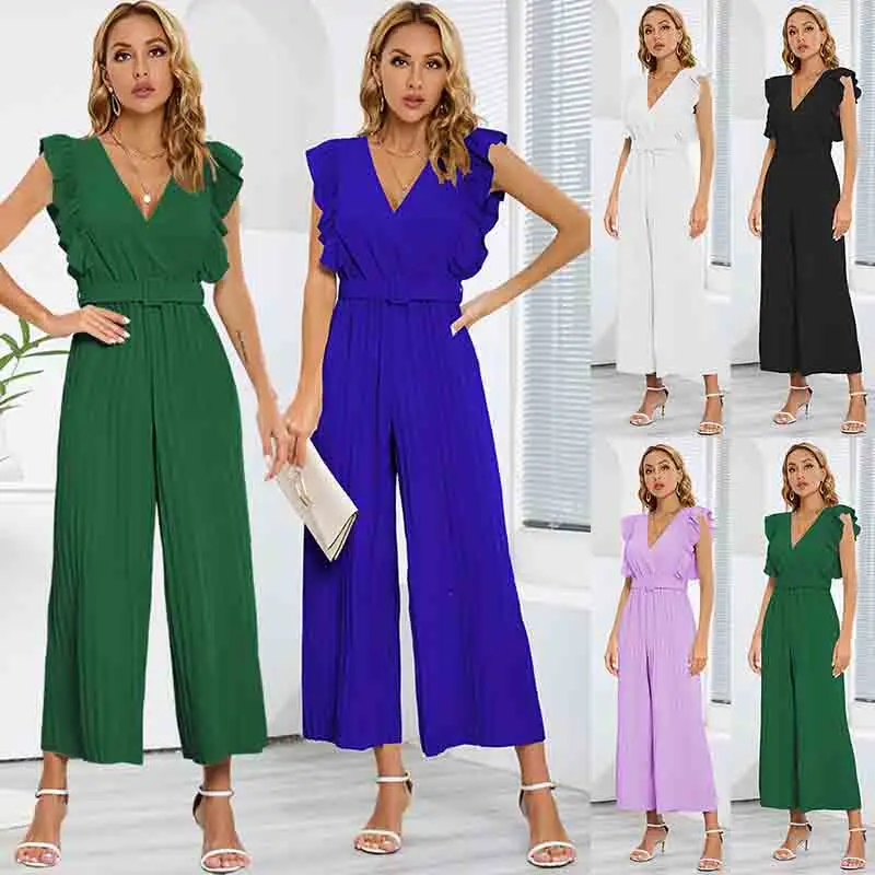 

Sexy Slim Fit Jumpsuit High Waist Sleeveless Rompers Summer New 2024 Lotus Leaf V-neck Pleated Wide Leg Skirt Pants for Women