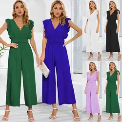 Sexy Slim Fit Jumpsuit Hoge Taille Mouwloze Rompertjes Zomer Nieuw 2024 Lotusblad V-Hals Geplooide Wijde Pijpen Rokbroek Voor Dames