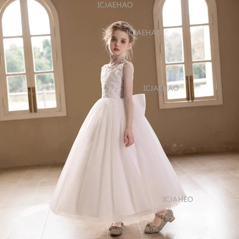 2026 Kids Formal BirthdayGirls Piano Performance Evening Gown Wedding Flower Girl White Sleeveless New Children Host Runway