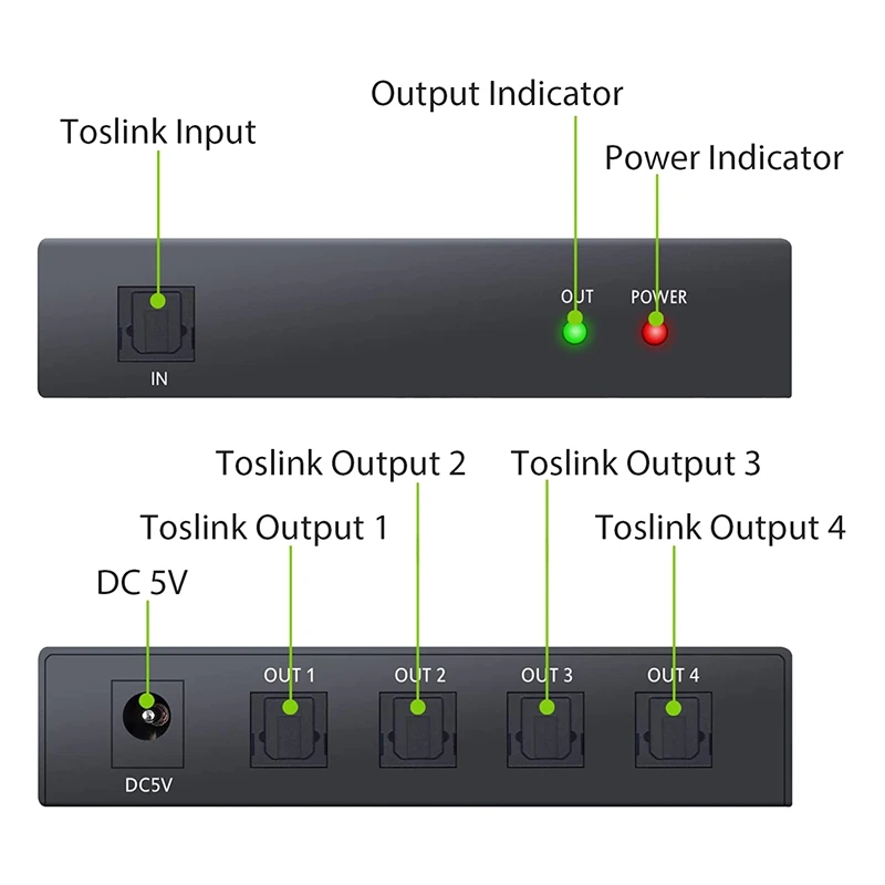 Digital Optical Audio 1X4 Splitter Digital SPDIF Toslink Optical Fiber Audio Splitter 1 in 4 Out Aluminum Alloy(US Plug)