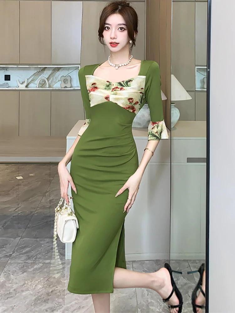 2025 Green Patchwork Mesh Floral Sqaure Collar Midi Dress Women Elegant Luxury Vestidos Summer Korean Vintage Bodycon Prom Dress