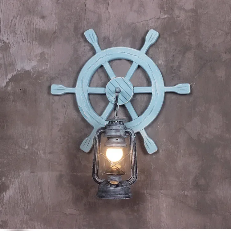 Antique creative personalized solid wood Mediterranean wall lamp ship anchor rudder Lamp Retro restaurant coffee shop wall lamp