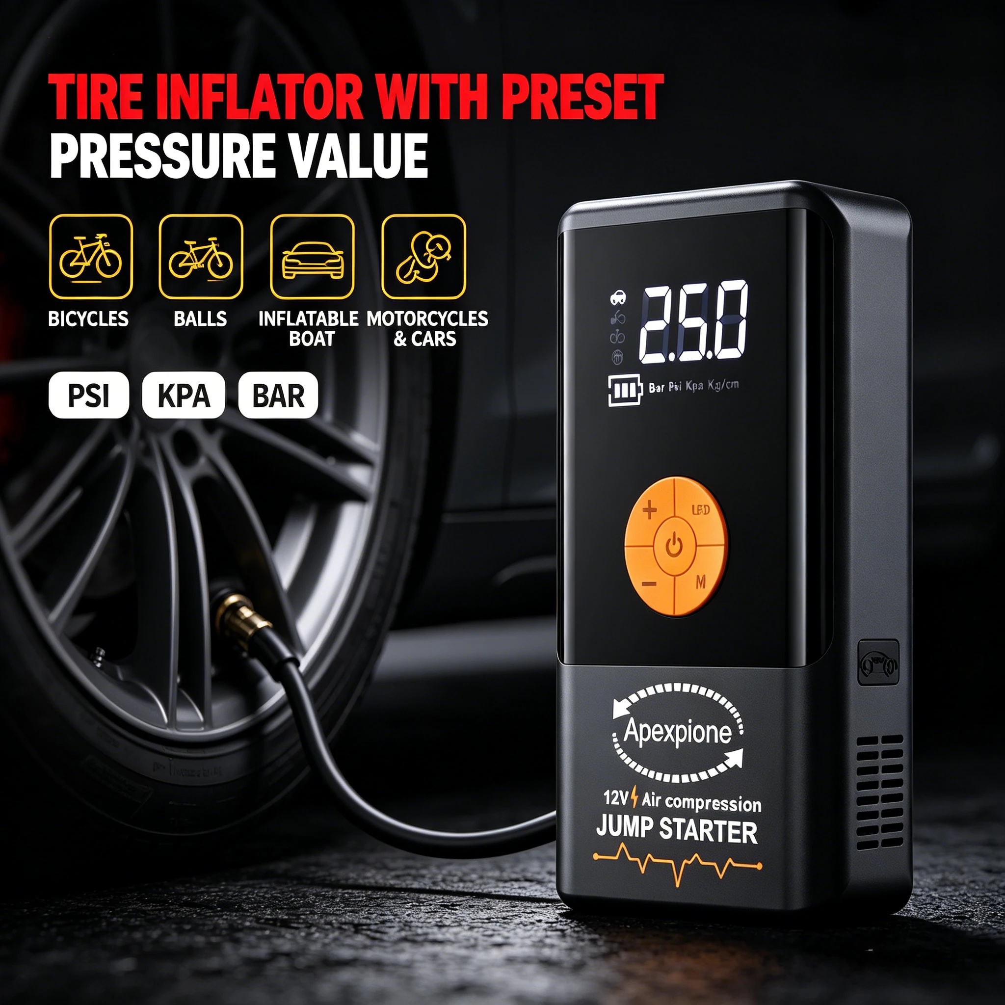 16,000A Peak Portable Car Emergency Jump Starter with Tire Inflation Function, Portable Battery Booster Pack, Featuring Emergency Start, Tire Inflation, USB Input/Output, LED Lighting, LCD Digital Display - Multi-functional Automotive Repair Tool, Essenti