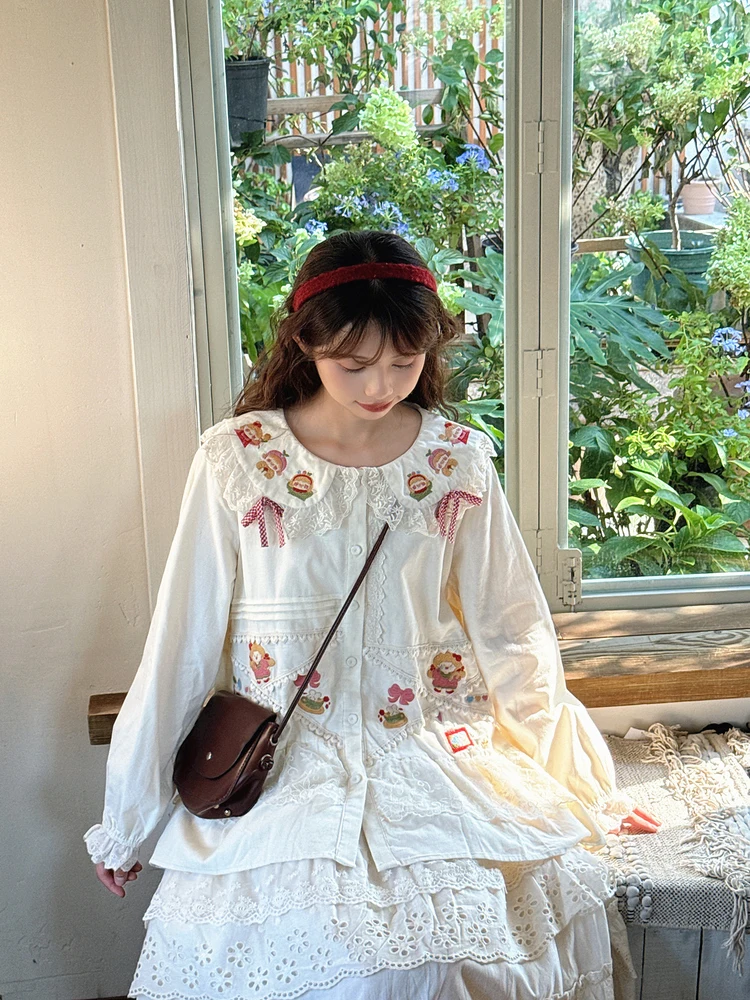 Mori Mädchen süße Lolita Baumwolle Langarm Shirt Frühling Herbst 2025, süße Mädchen Frauen süße Spitze Stickerei Shirt Blusen Tops