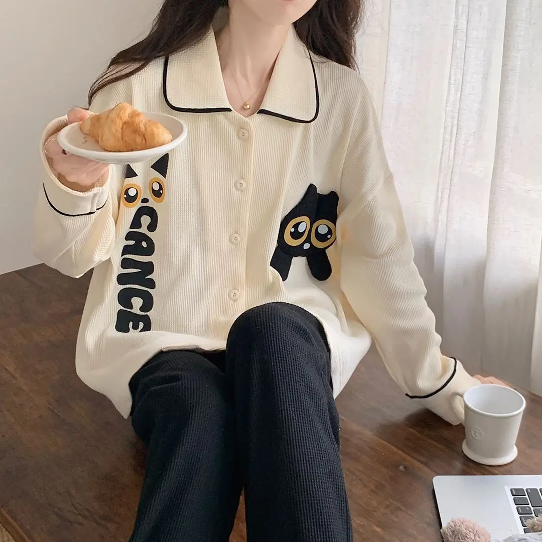 Women Cartoon Casual Pyjamas Sets Ladies Long Sleeve Sweet Casual Sleepwear Pajamas Set Women Turn-down Collar Solid Nightwear