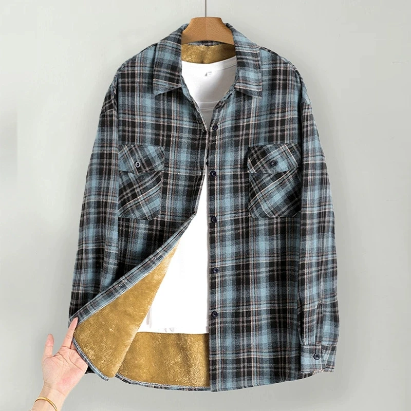 Invierno más terciopelo grueso cálido camisa a cuadros abrigo mujer Harajuku manga larga Casual blusa a cuadros nueva lana térmica mujer prendas de vestir