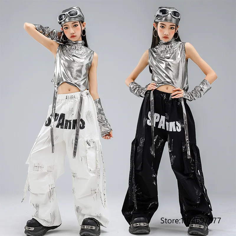 

Костюм для джазовых танцев для девочек: серебристый топ с открытым животом, черные свободные брюки, комплект для выступлений в стиле хип-хоп, для концертов и сценических показов