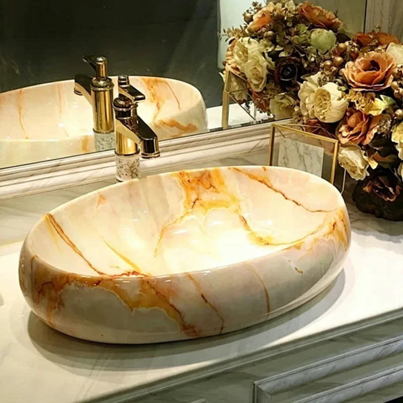 60Cm*40Cm Oval-Shaped Stone-Patterned Ceramic Washbasin, an Ideal Choice for Modern Bathroom Fixtures, Suitable for Changing Rooms, Vanity Tables, Bathrooms, Toilets, and Rvs