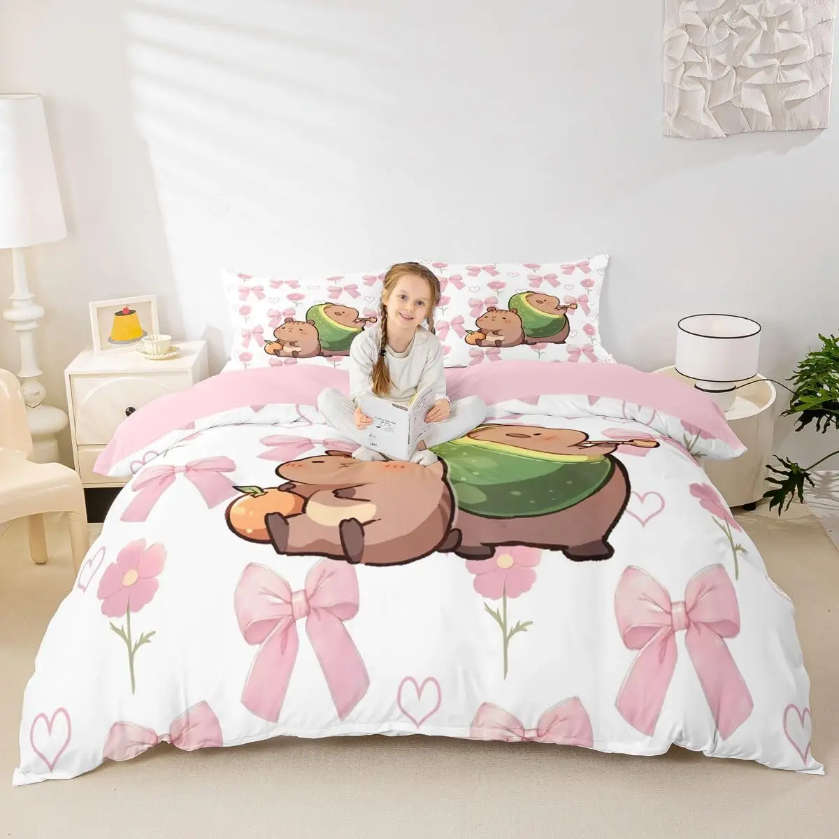 Pink Bow Cot Duvet Cover Set With 1 Pillowcase Kids Kawaii Avocado Capybara Bedding Set Princess Style Flower