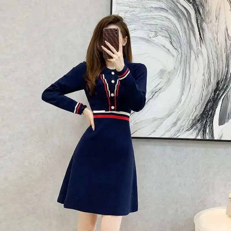 #0949 Navy Blue Sweater Dress Women Polo Collar Buttons Office Knitwear Mini Dress Female Slim Sexy A-line Short Knitted Autumn