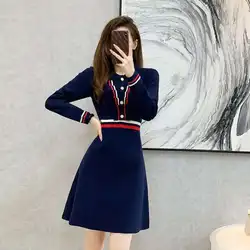 #0949 Navy Blue Sweater Dress Women Polo Collar Buttons Office Knitwear Mini Dress Female Slim Sexy A-line Short Knitted Autumn