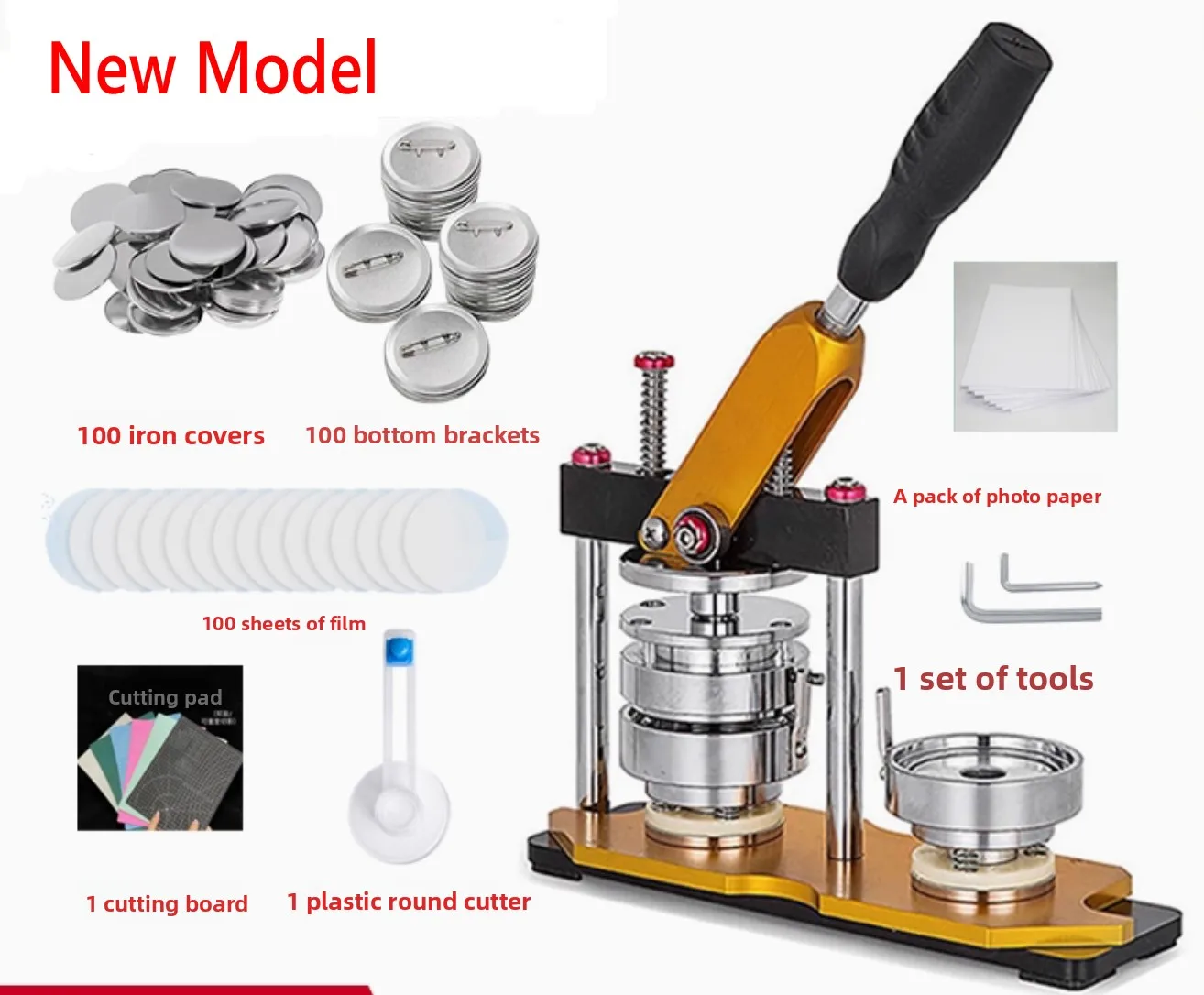 New Model Badge Making Machine Button Maker Various Sizes + 100 Sets Supplies