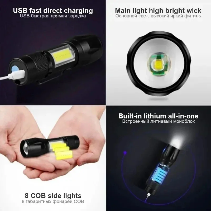 Potężna mini latarka LED COB + XPE latarka z zoomem wbudowana bateria USB akumulator z klipsem na długopis Outdoor Camping lampa awaryjna