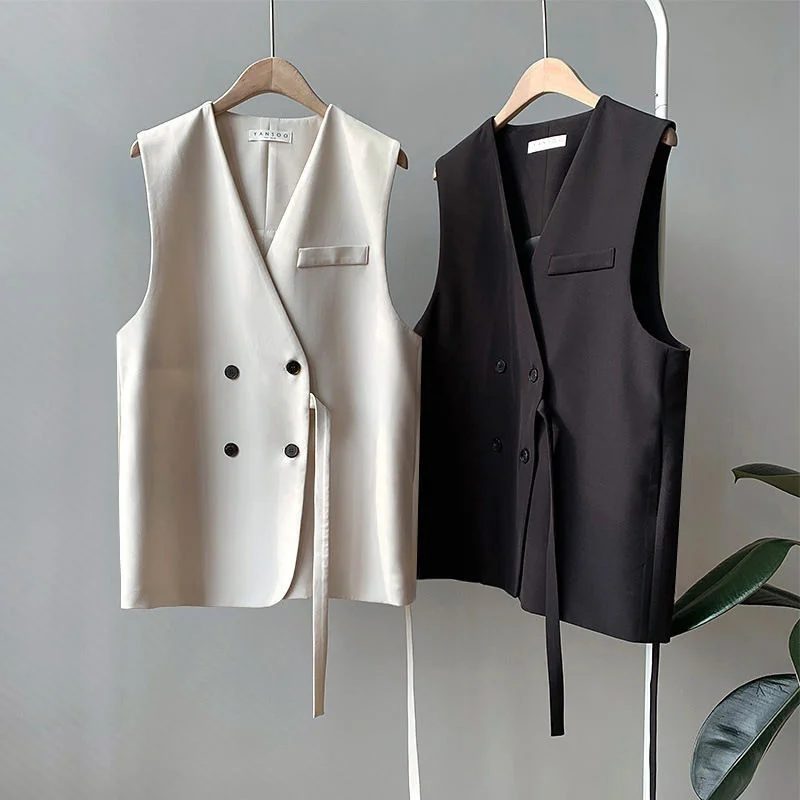 

2024 Spring Autumn Suit Vest Women Fashion Tops Waistcoat Vintage Sleeveless loose Lady Casual Vest Lace Up Female Waistcoat