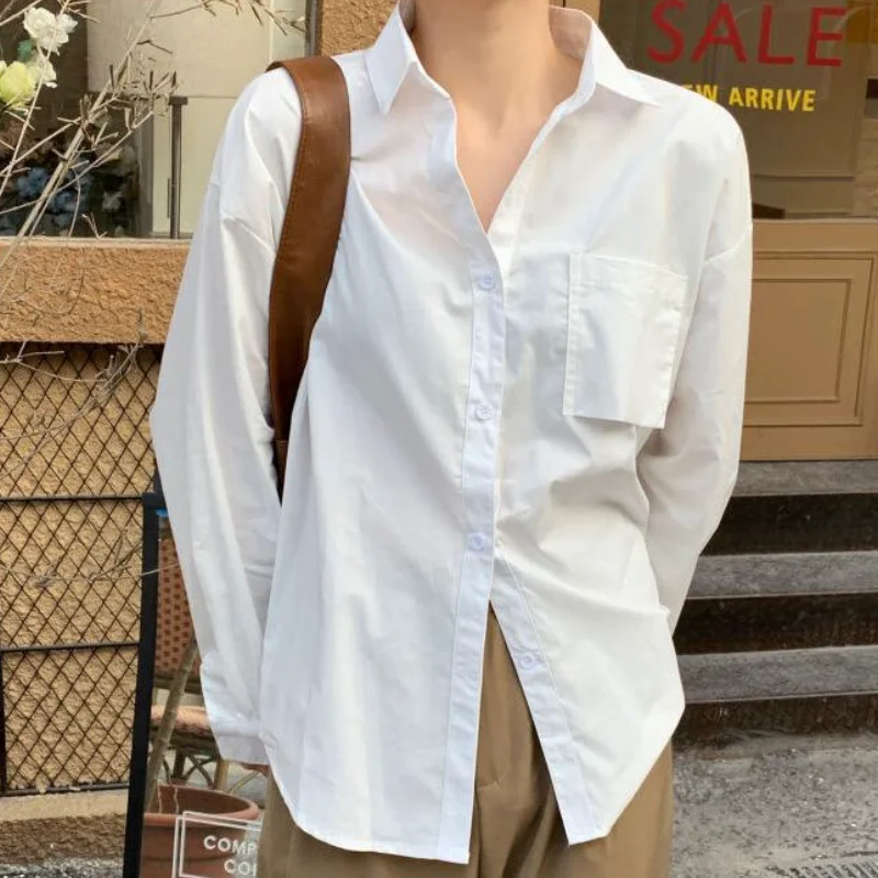 

Spring Summer New Long Sleeve White Shirt Jacket Cotton Women Casual Daily Wear Loose Fit Slimming Women's Work Blouse