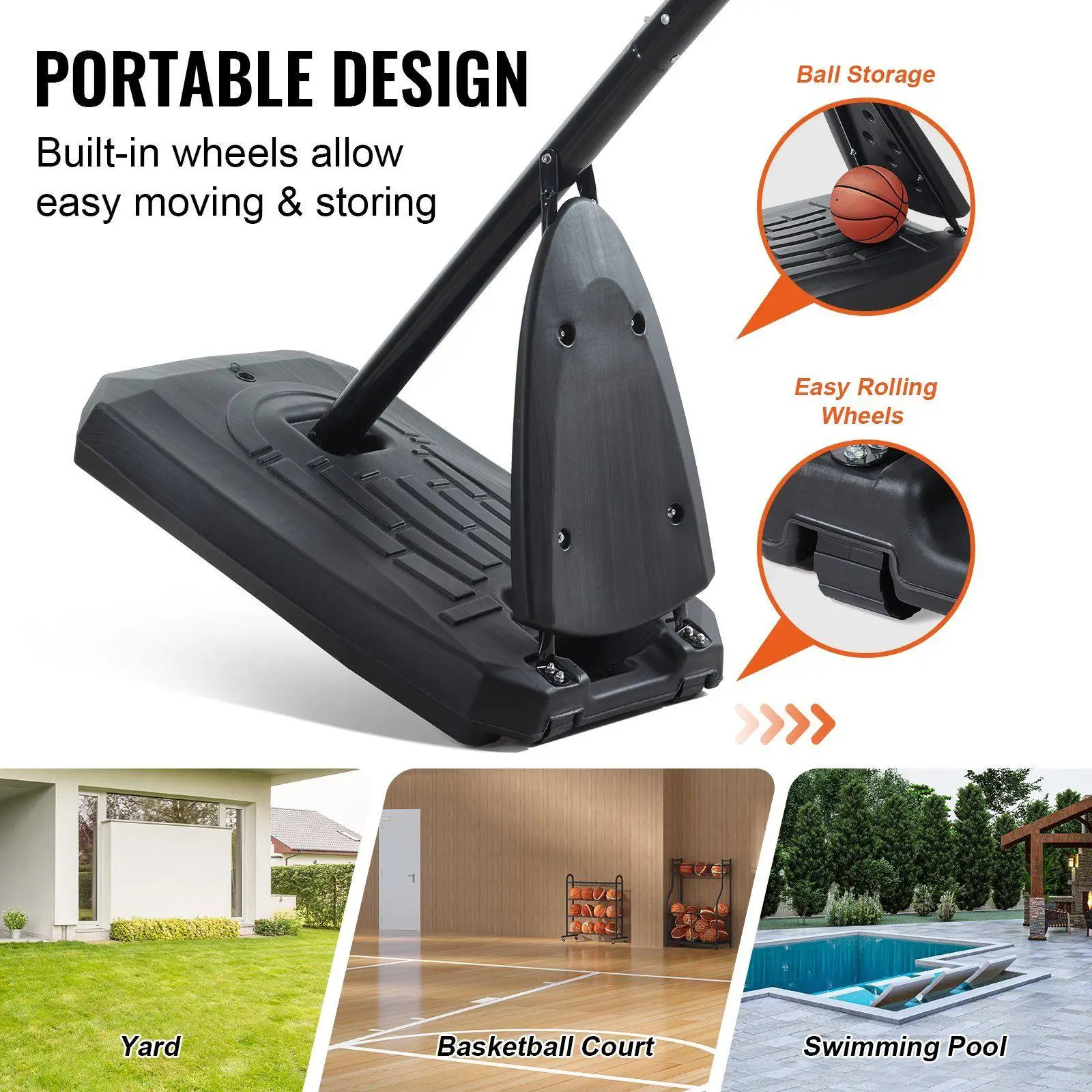 耐久性のある50インチバスケットボールフープ、高さ7.6～10フィート調整可能、ホイール付きポータブルシステム、充填可能なベース、耐腐食フレーム