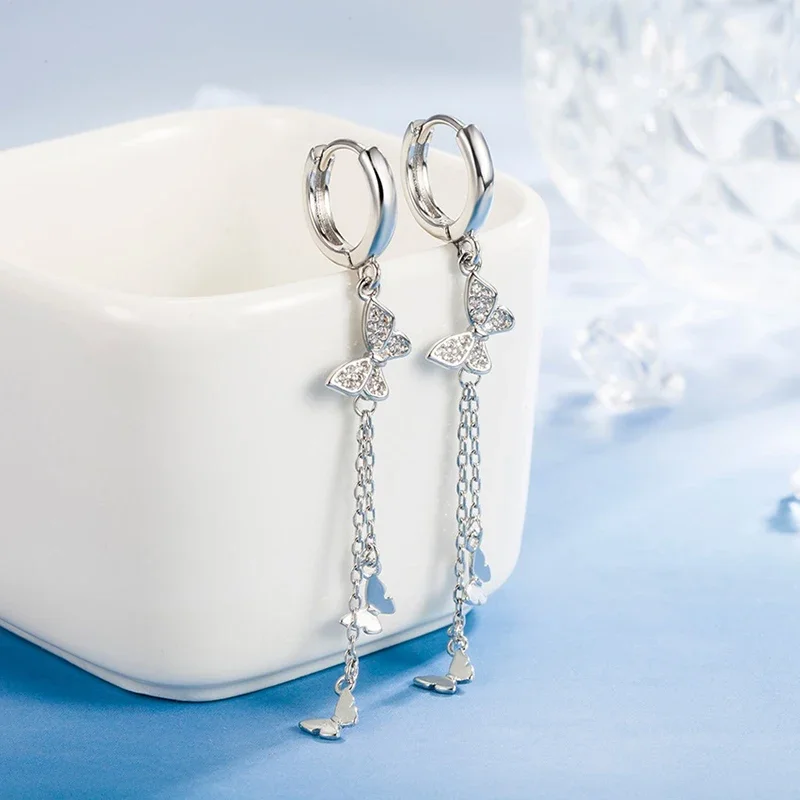 Silver Butterfly Tassel Dangle Huggie Hoop Earrings, Paved Crystal Multi‑Butterfly Long Chain Drop Earrings, Long Tassel Butterfly Charm Leverback Hoops Women Jewelry Gift
