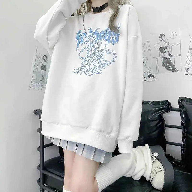 Japanese Sweet  Cool Black And White Sweater Women Plus Velvet Thickening Autumn And Winter New Student Loose Harajuku Style