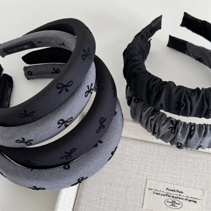 Black Gray Cute Bow Print Sponge Headband High Skull Top Hairhoop Hairpin Headband Internet Celebrity New Hair Accessories