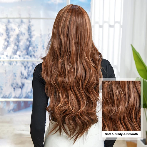 Imagen 2 del producto GEMMA pelucas sintéticas de color marrón castaño resaltado largo ondulado con flequillo Cosplay pelucas de pelo Natural para uso diario para mujeres resistentes al calor