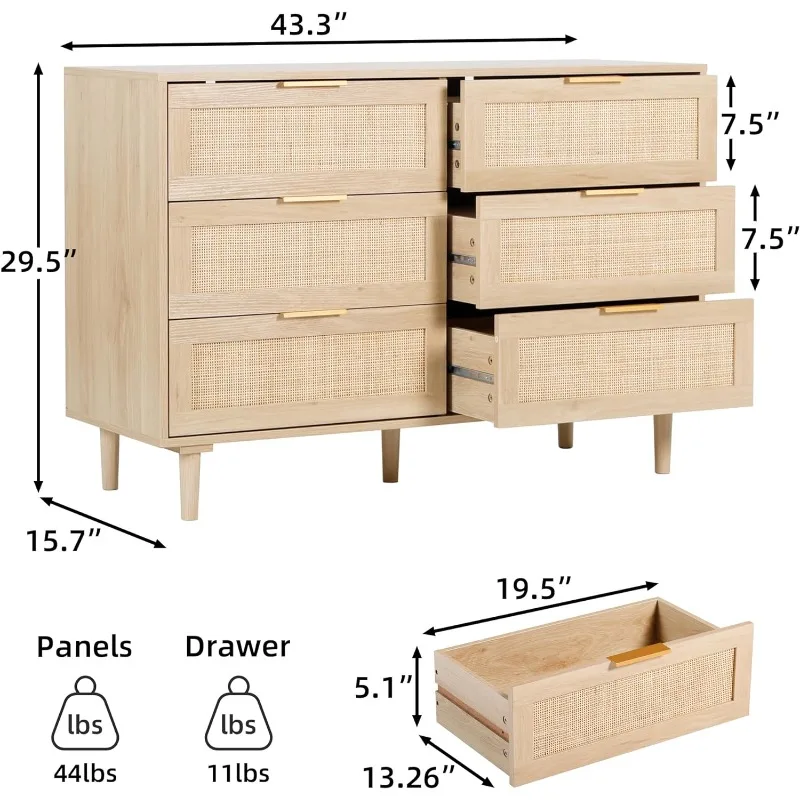 6 Drawer Dresser Rattan Dresser Modern Chest with Drawers,Wood Storage Closet Dressers Chest of Drawers (Natural)