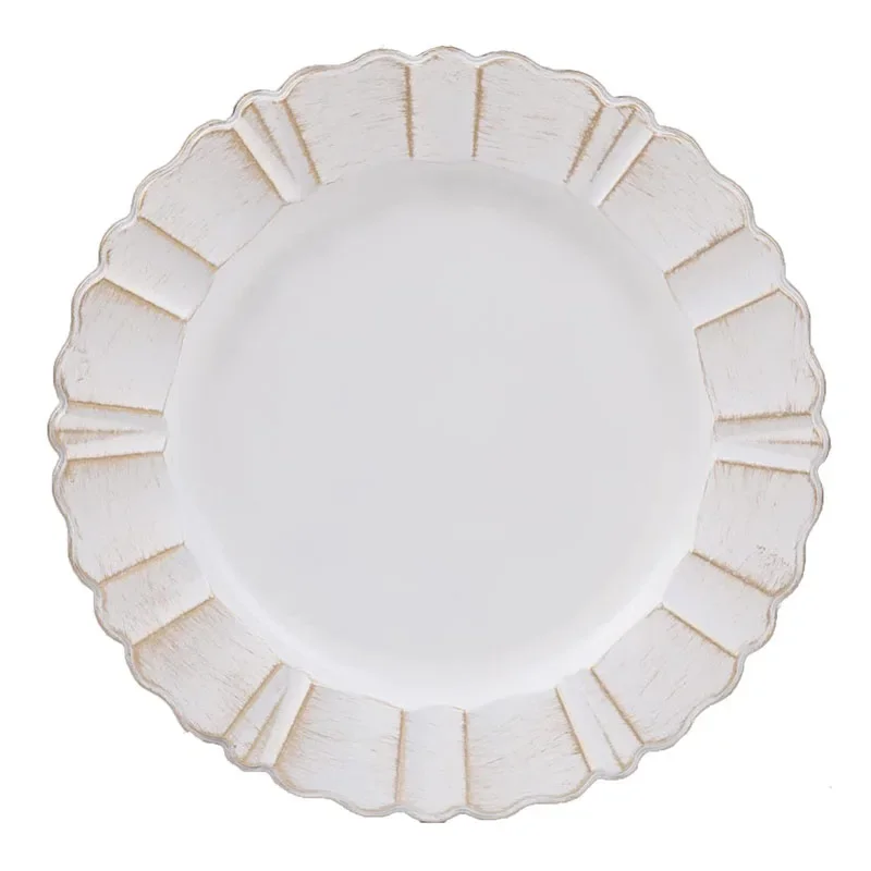 

4PCS 13" White Charger Plates, Antique Charger Plate with Wipe Gold Waved Scalloped Rim, Table Setting