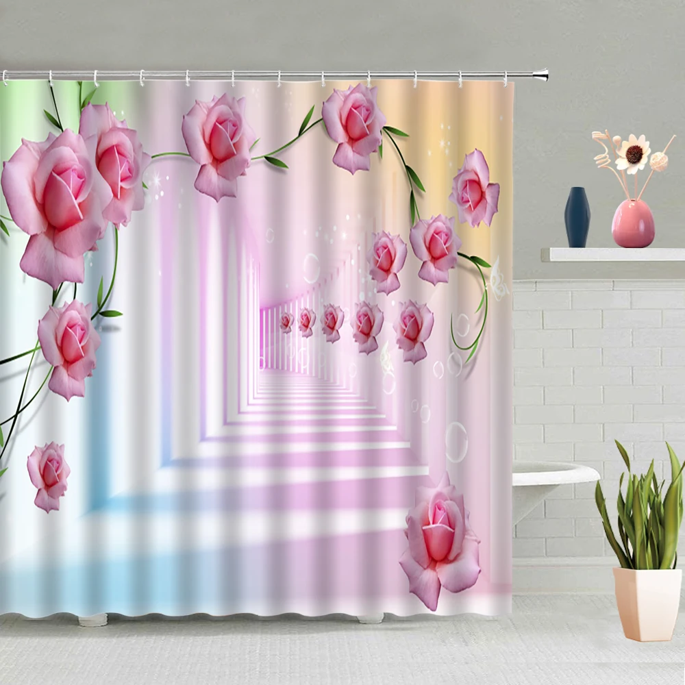 

3D Stereo Flower Shower Curtain Green Leaves Lotus Bamboo Plants Zen Stone Goldfish Modern Simple Bathtub Decor Screen Washable