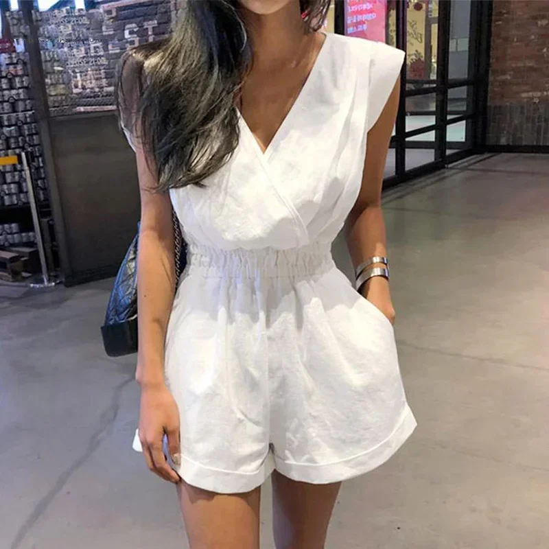 

Women Solid Overalls Large Size 3XL Loose Tunic Romper 2021 Summer Sexy V-neck Backless Sleeveless Casual Elastic Short Playsuit