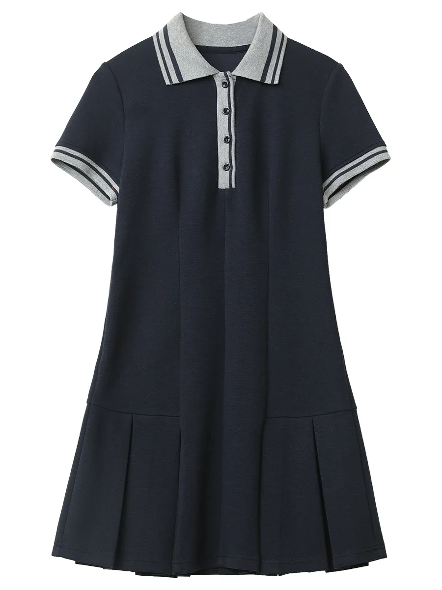 CHIC VEN Women Dresses A Line Loose Casual Contrast Polo Short Sleeved Girl Dress Pleats Female Sports Coat Spring Summer 2025