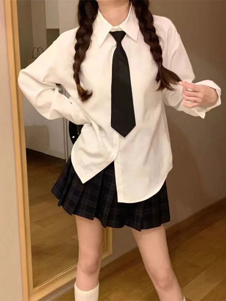 White Jk Women Shirt Tie Preppy Simple All Match Fall Loose Long Sleeve Blouse Daily Casual Fashion Japanese Uniform New Tops