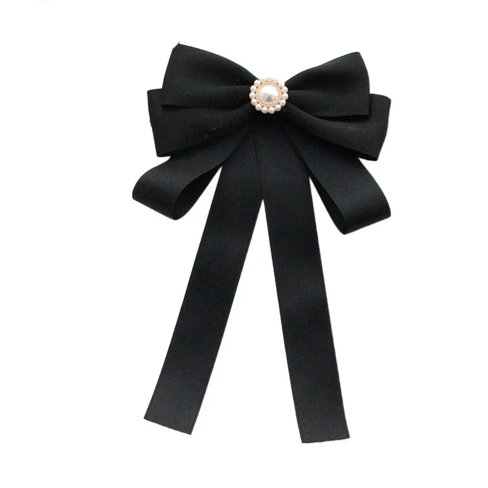 Luxury Rhinestones Black Ribbon Pin Beads Multi-layer Black Bow Necktie Pin Pearl Ribbon Badge Brooch Girl
