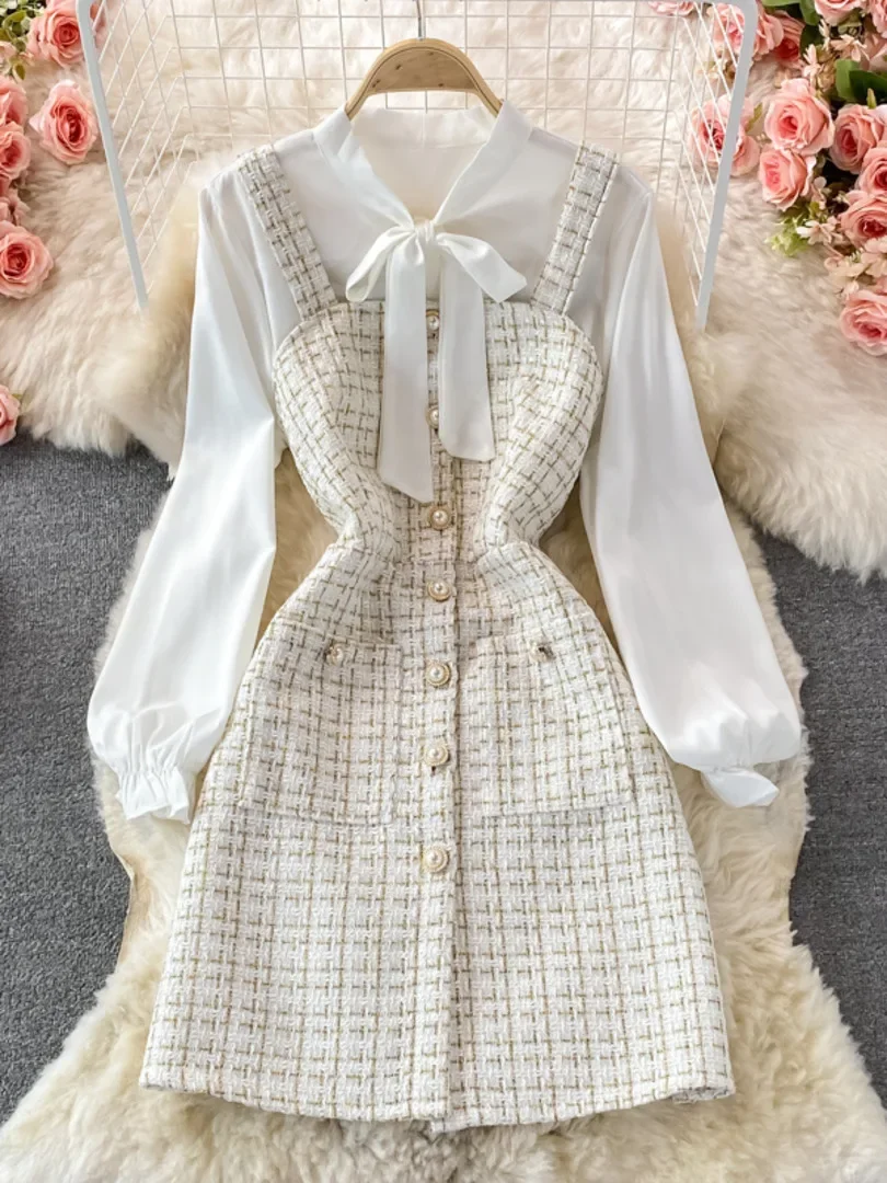 Women Two Piece Set 2024 Korean Fashion Bowtied Collar White Blouse and Spaghetti Strap Single Breasted Mini Tweed Dress Suits