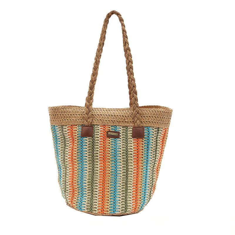 เชือกกระดาษกระเป๋าฟางทรงถังแบบมีขั้วต่อกระเป๋าฟางของผู้หญิงกระเป๋าอเนกประสงค์สำหรับการเดินทางกระเป๋าทองานแฮนด์เมด