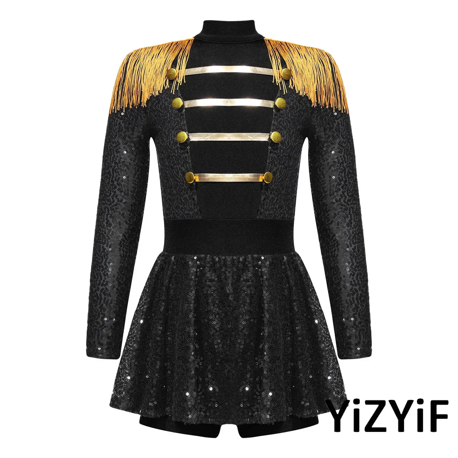 

Girls Shiny Ringmaster Circus Cosplay Costume Long Sleeve Tassel Epaulet Sequins Jumpsuit for Party Halloween Carnival Costume