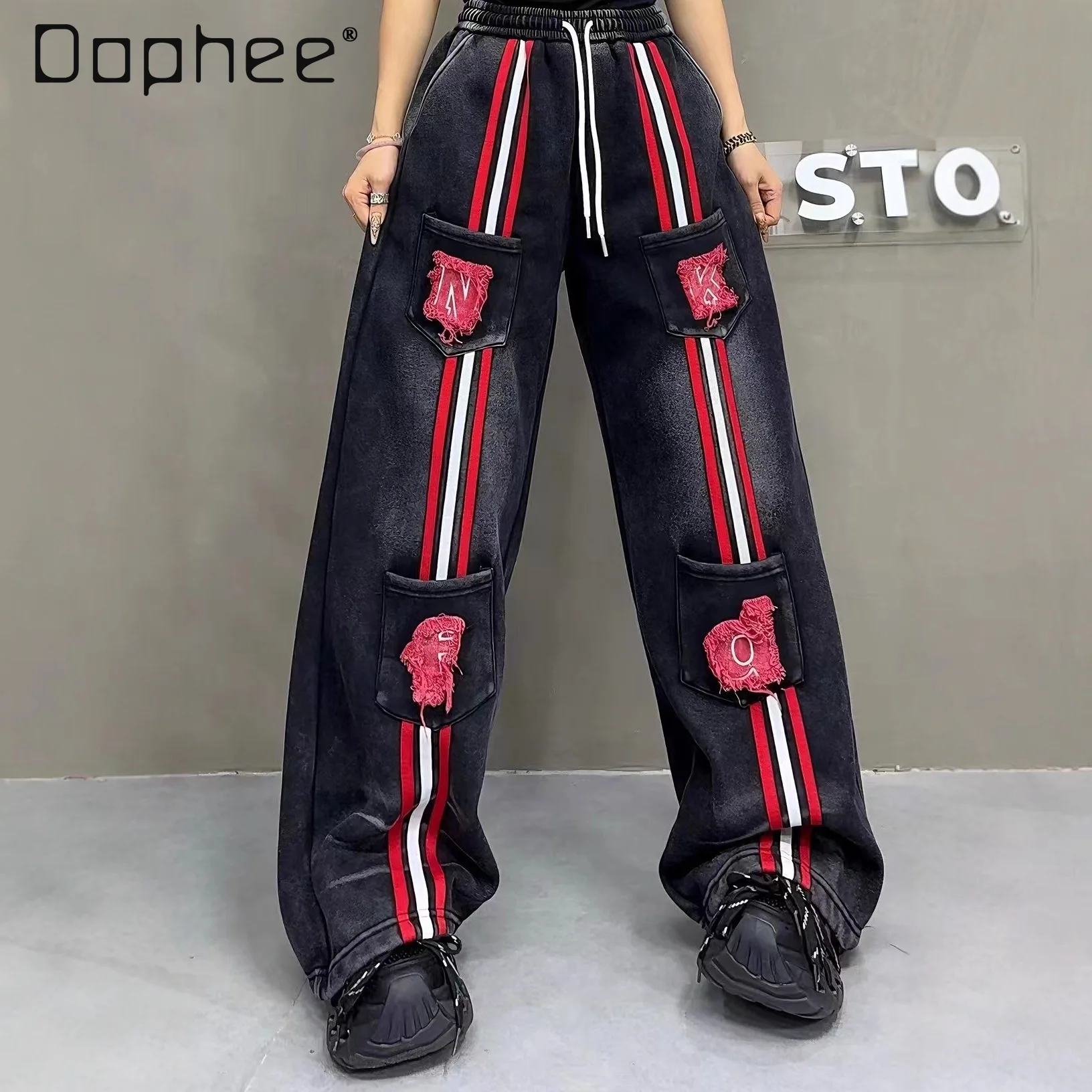 

European Style Fleece-Lined Casual Pants for Women 2025 Autumn Winter New Striped Patch Letter Washed Cotton Loose Long Pants