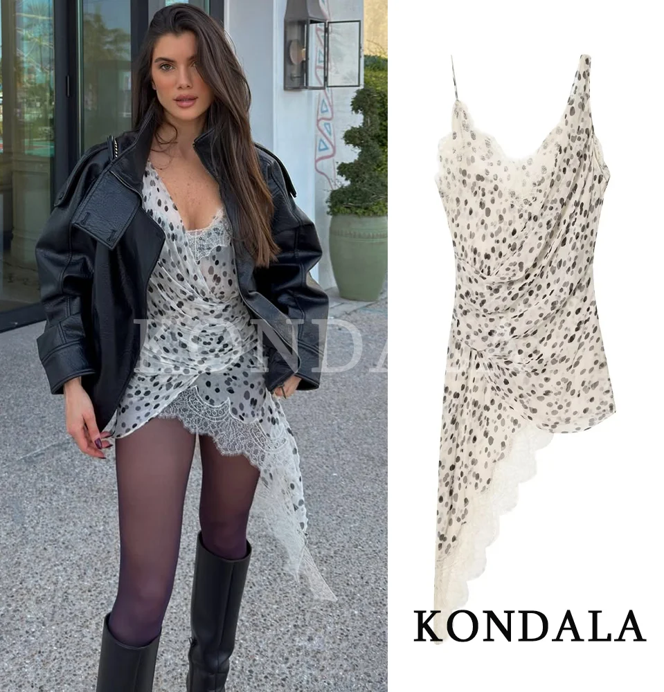 KONDALA Damen Trendiges Sexy Polka-Dot Kurzkleid Tops Unregelmäßiger Spitzensaum Cami-Kleid 2026 Frühling Sommer High Street Partykleid