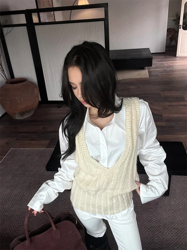 

Korean Sle Women's Knitted Vest And White irt Set V-Ne Long Sve High Waist Autumn Faion Two-Piece Suit Warmth Clot...