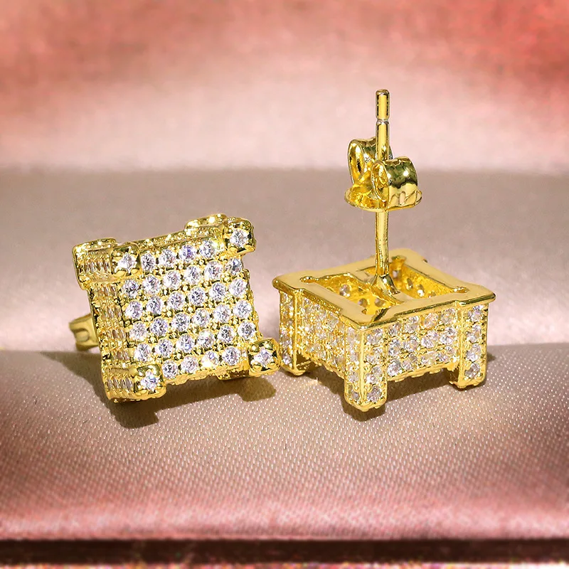 

NEW Luxurious 18k Gold Square Full Diamond Stud Earrings For Women Zircon Silver Plated Valentine's Day Gift Party Jewelry