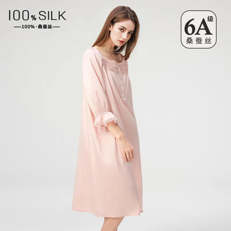 Summer New Women 100% Mulberry Silk Nightgown French Square Neck Puff Sleeve Loose Princess Dress Luxury Home Loungewear view 4