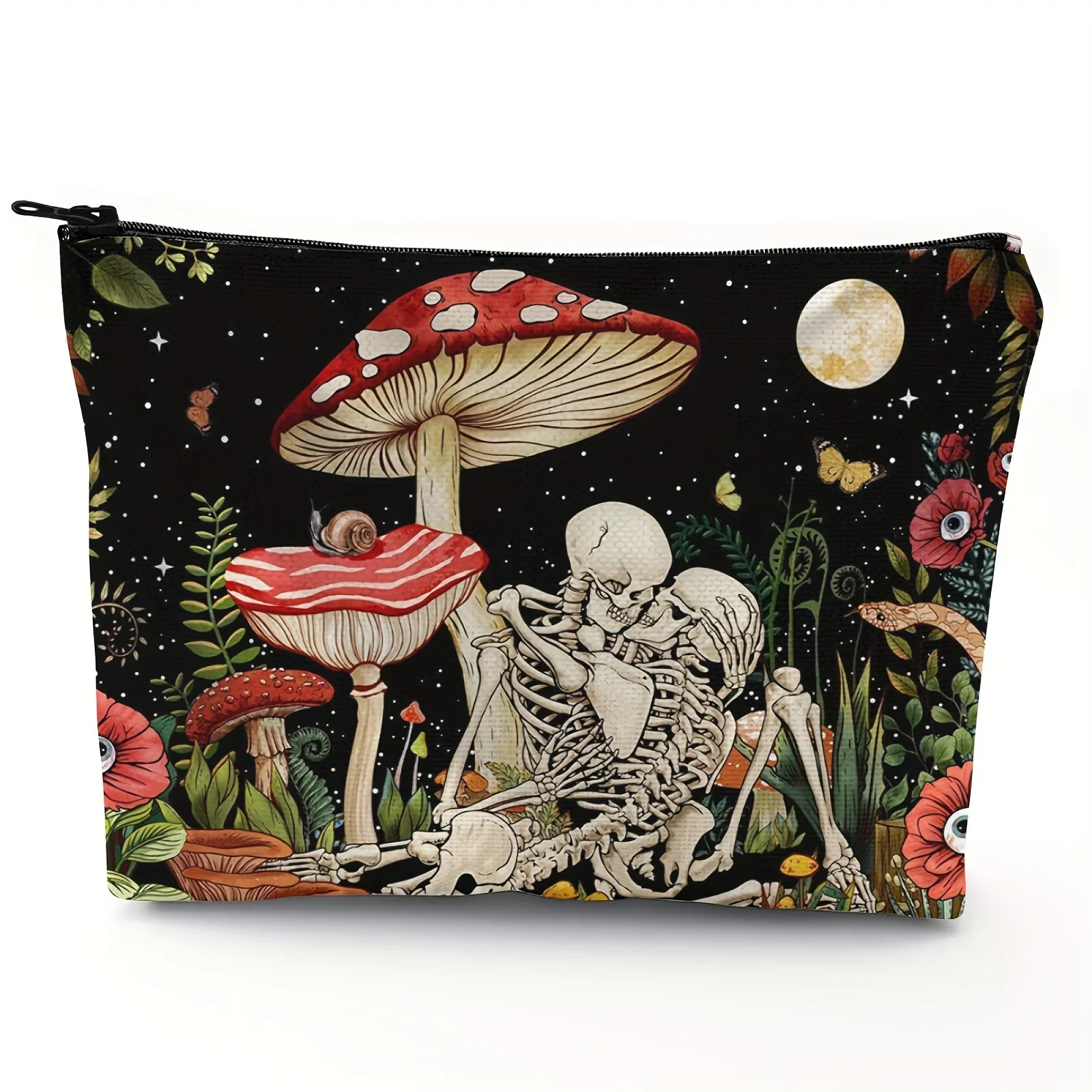 Vibrant Mushroom Skull Floral Cosmetic Bag Zipper Closure Multi-Functional Travel Pouch Fashionable Linen Makeup Case