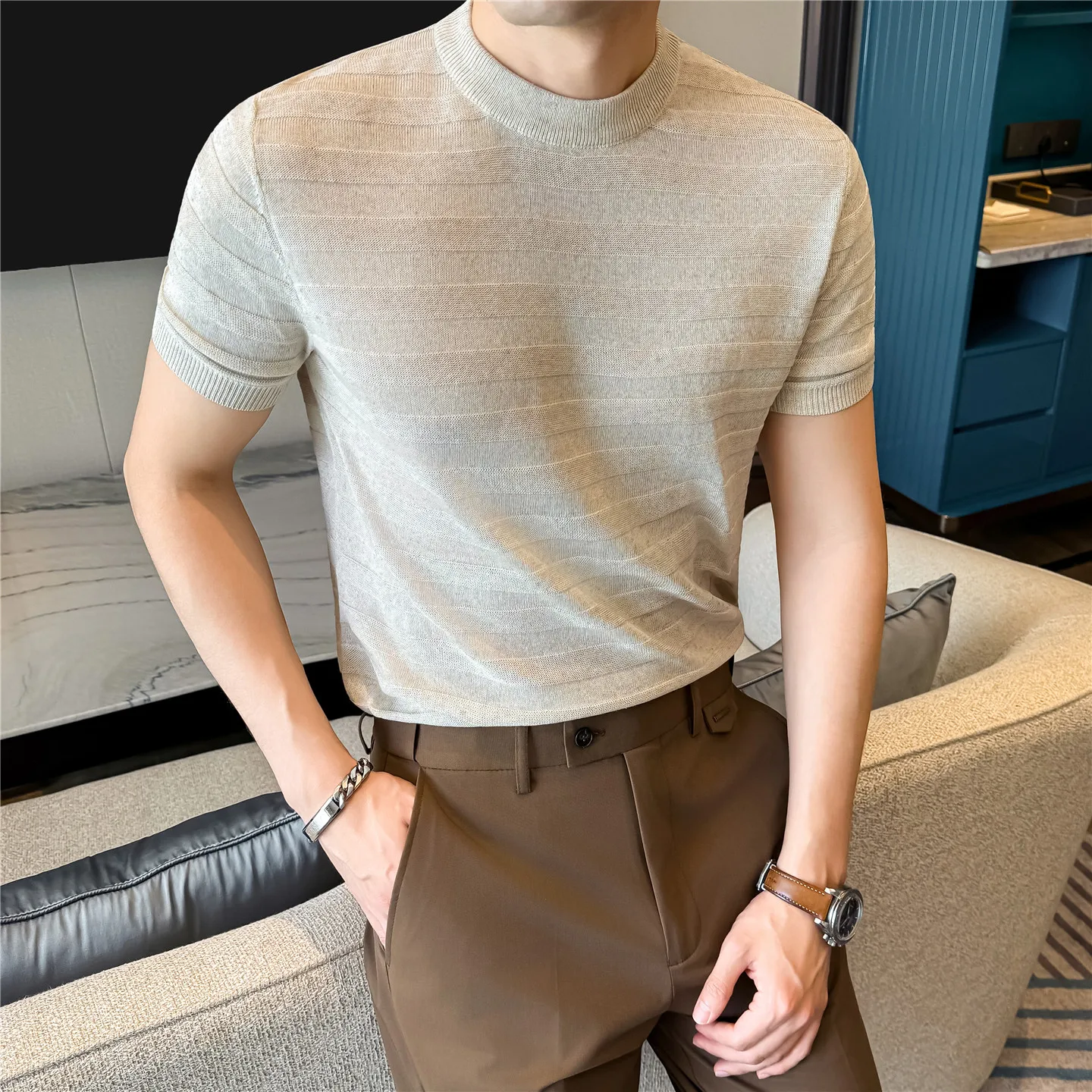 Summer Linen Blended Thin Knit Short Sleeve T-shirt New Men Round Neck Fashion Light Luxury Casual Ice Silk T-shirt Tops M-3XL