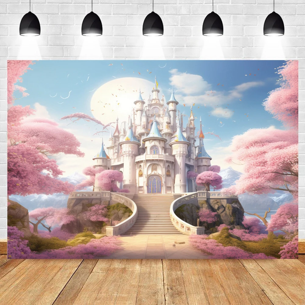 Pink Rainbow Castle Backdrops Flowers Forest Princess Birthday Party Dreamy Wedding Portrait Photography Background Photo Studio
