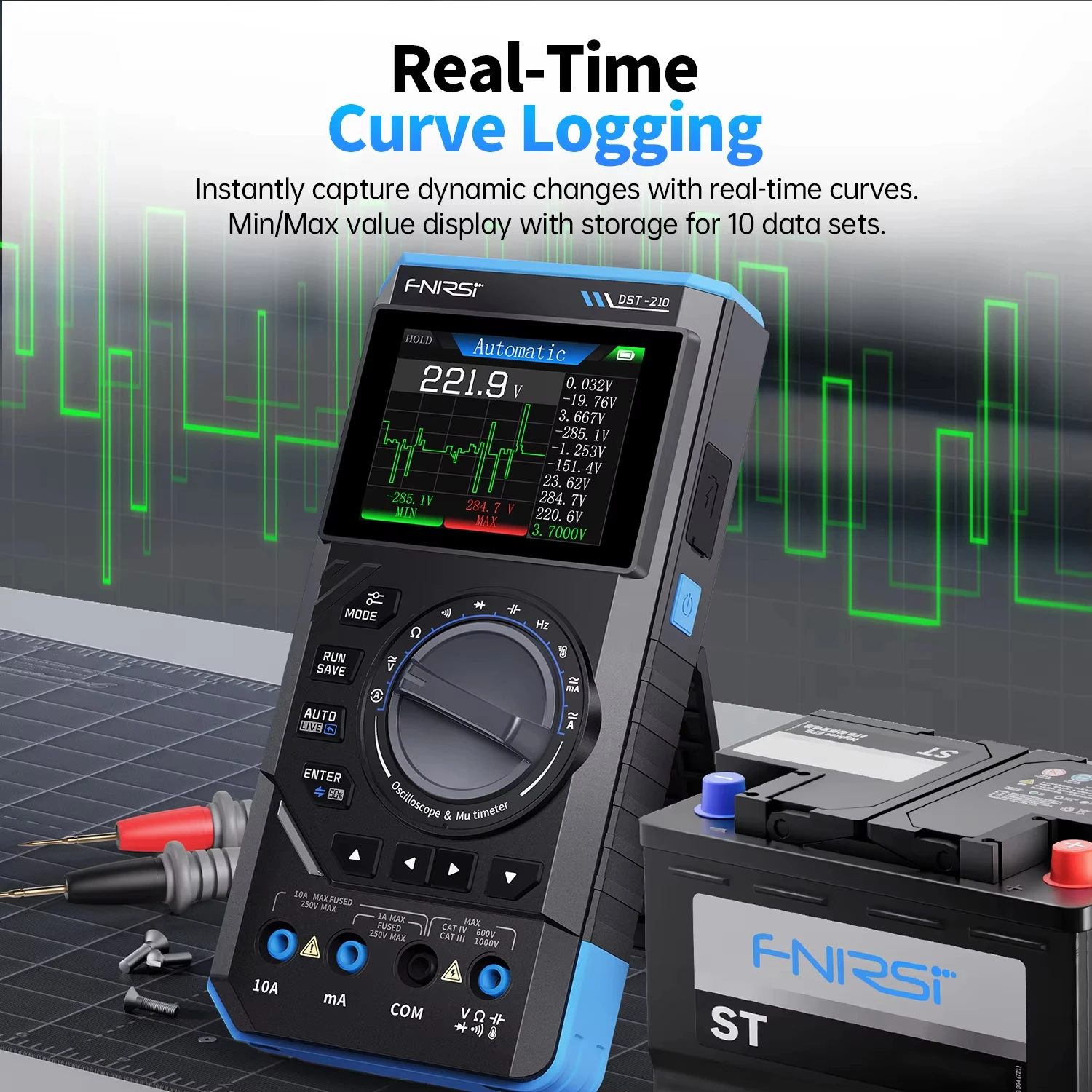 

FNIRSI DST-210 3-in-1 Digital Oscilloscope Multimeter 19999 Counts 10MHz 48Msps Portable Automotive Oscilloscope Electrical Tool